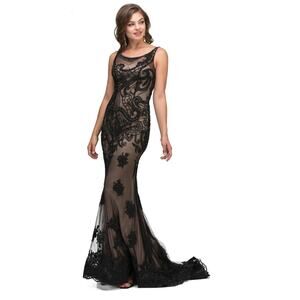 NWT Lucci Lu 2138, Nude/Black Beaded/Rhinestone overlay Long Sheath, 10